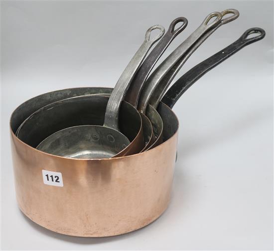 Five 19th century French copper saucepans